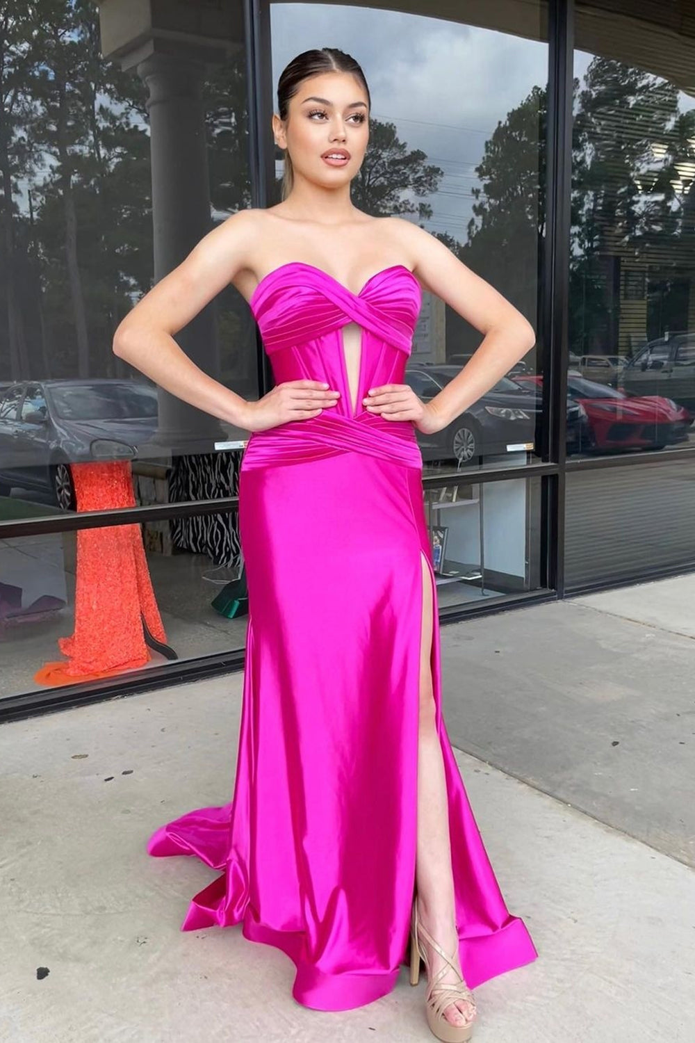 Luolandi Mermaid Fuchsia Corset Prom Dress With Slit Off Shoulder Sexy Evening Dress